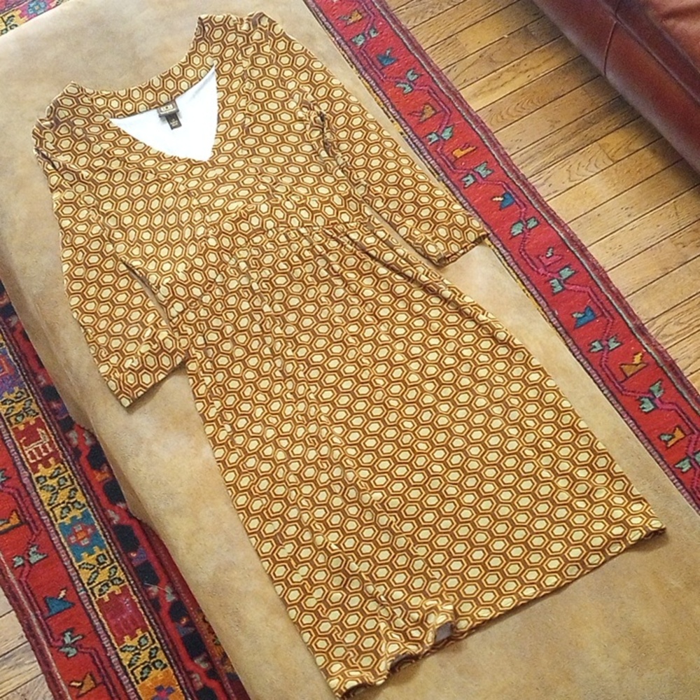 LDS XS Boo Gemes Drk Brwn Dress with Olive & Orange Hexagons